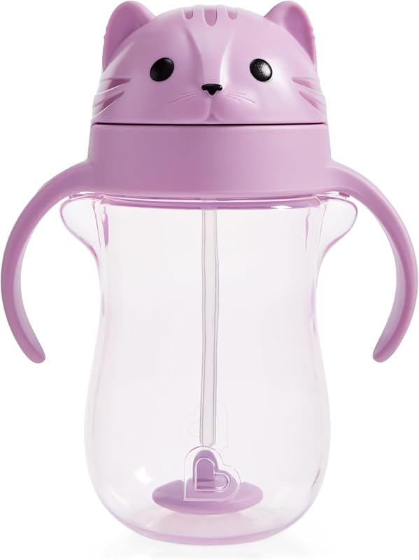 Any Angle Spill Proof Weighted Straw Trainer Cup, Transition Sippy Cups for Toddlers and Babies, Click Lock Technology & Fun Cat Design, 10 Ounce, Purple