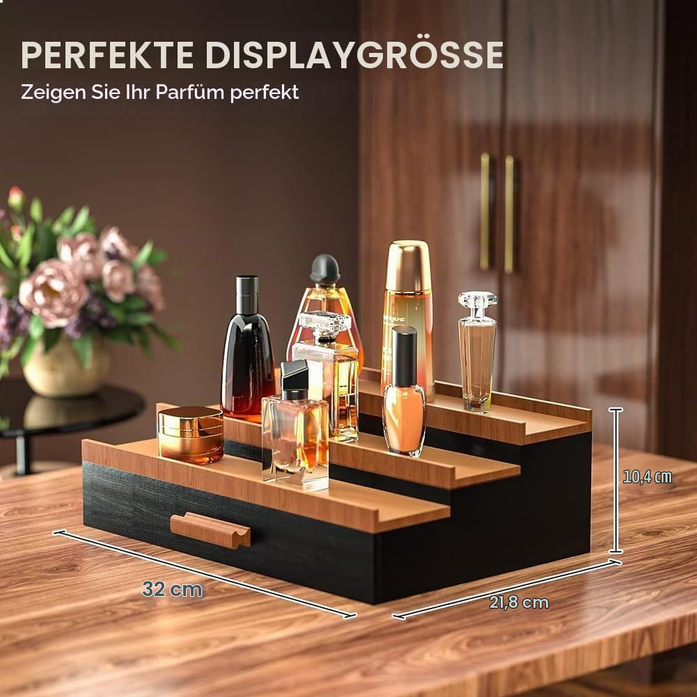 3 Tier Display Ständer, Parfüm Organizer, Abgestuftes Parfümständer Aufbewahrungsbox mit Versteckter Schublade, Parfümhalter Display Riser Regal für Figuren Nagellack Kosmetik