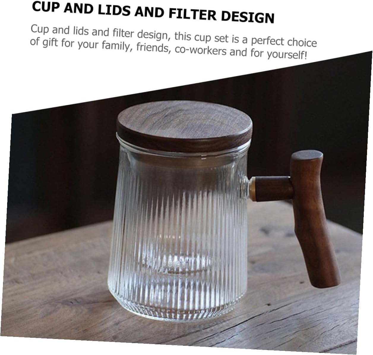 Striped Glass Tea Cup with Handle 380ml Set with Infuser and Wooden Lid, Glass Infusion Mug for Loose Leaf Tea Brewing at Home and Office