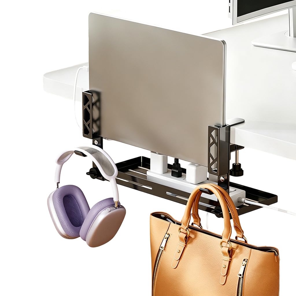 OFIFO® Under Desk Cable Management Tray with 3-in-1 Adjustable Laptop Mount and Headphone Hanger, No-Drill Desk Organizer for Dell HP Lenovo Laptops, Wiring Storage for Home Office Study Spaces