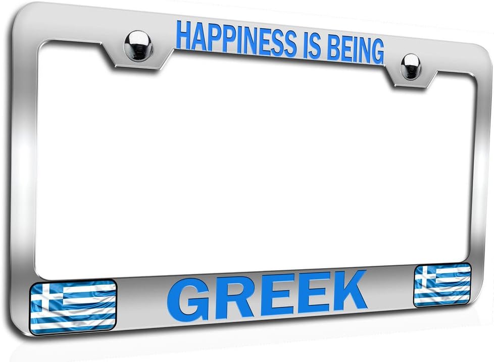 Makoroni - Happiness is Being Greek Ch Steel Auto SUV License Plate Frame, License Tag Holder