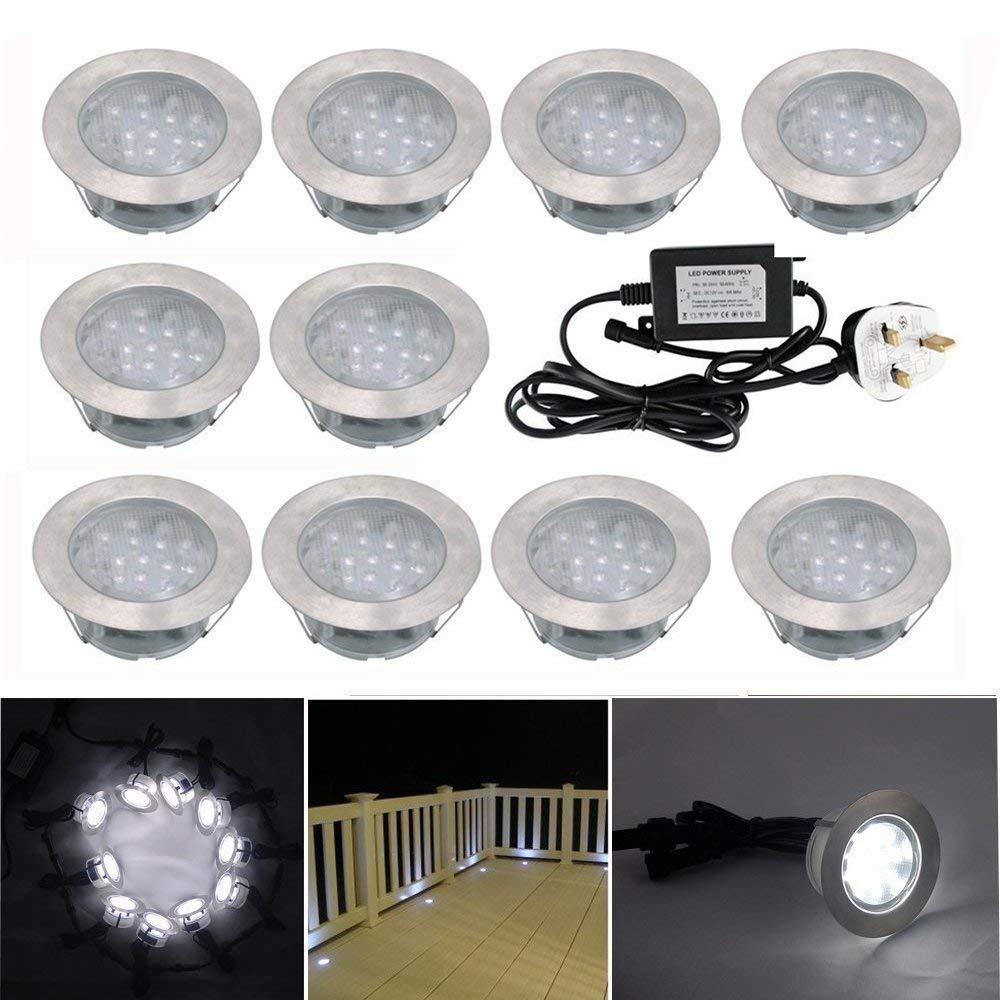 CHNXU 60mm Large Led Decking Lights Outdoor Low Voltage 12v IP67 1.5W Waterproof Deck Lighting Kits Pack of 10 (Cool White)
