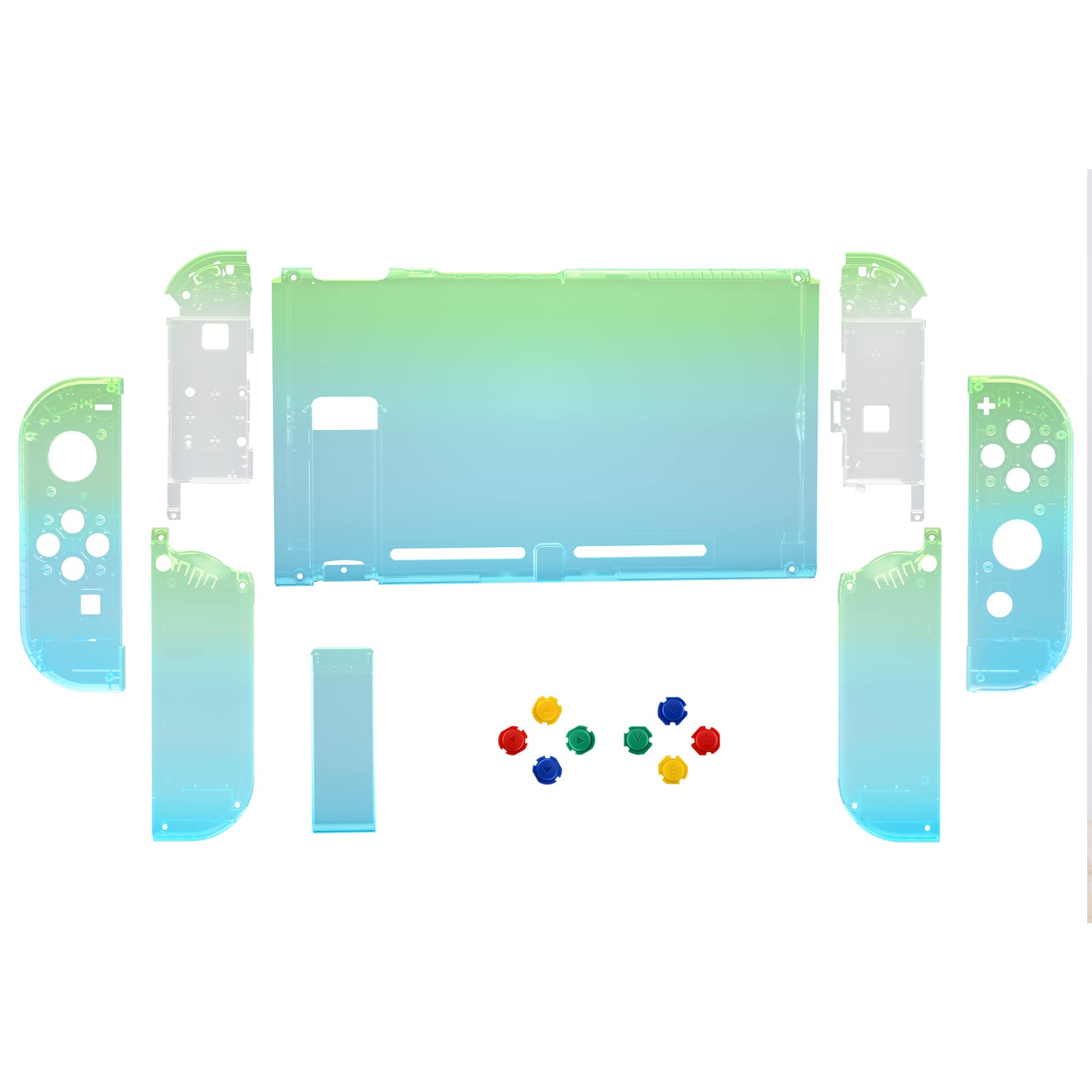 eXtremeRate Coque Remplacement avec Boutons Colorés pour Nintendo Switch, Coque avec Bouton pour Switch Console Joycons, Coque et Bouton Customisé pour NS Transparent Bleu Vert