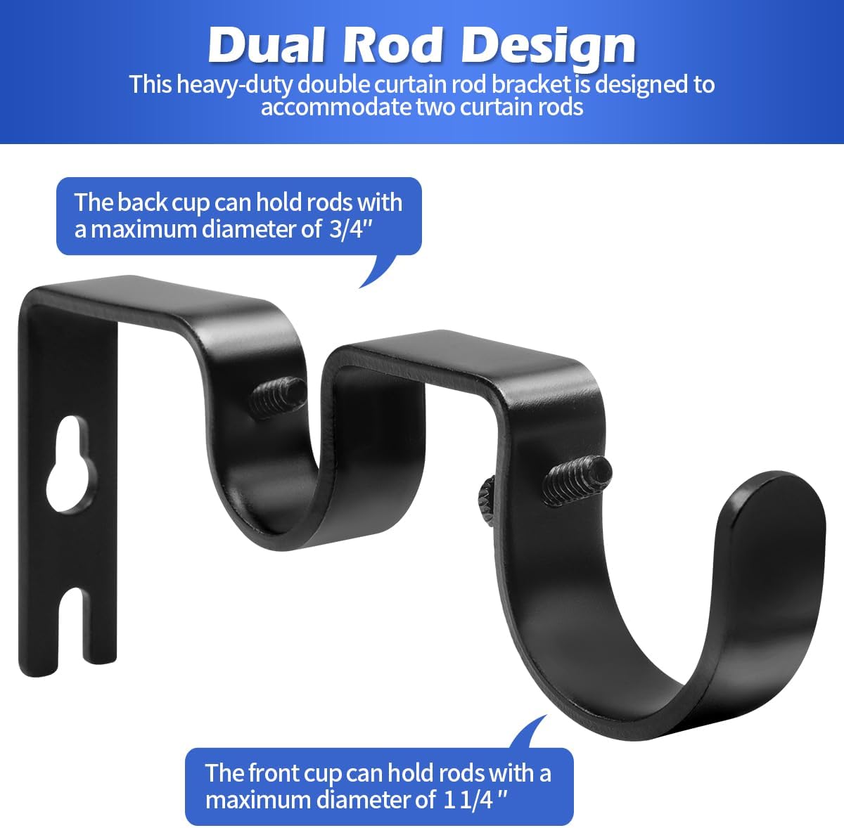 Creatyi Heavy Duty Double Curtain Rod Bracket Double Rod Holders for 1 1/4 Inch and 3/4 Inch Rod (3 PCS, Black)