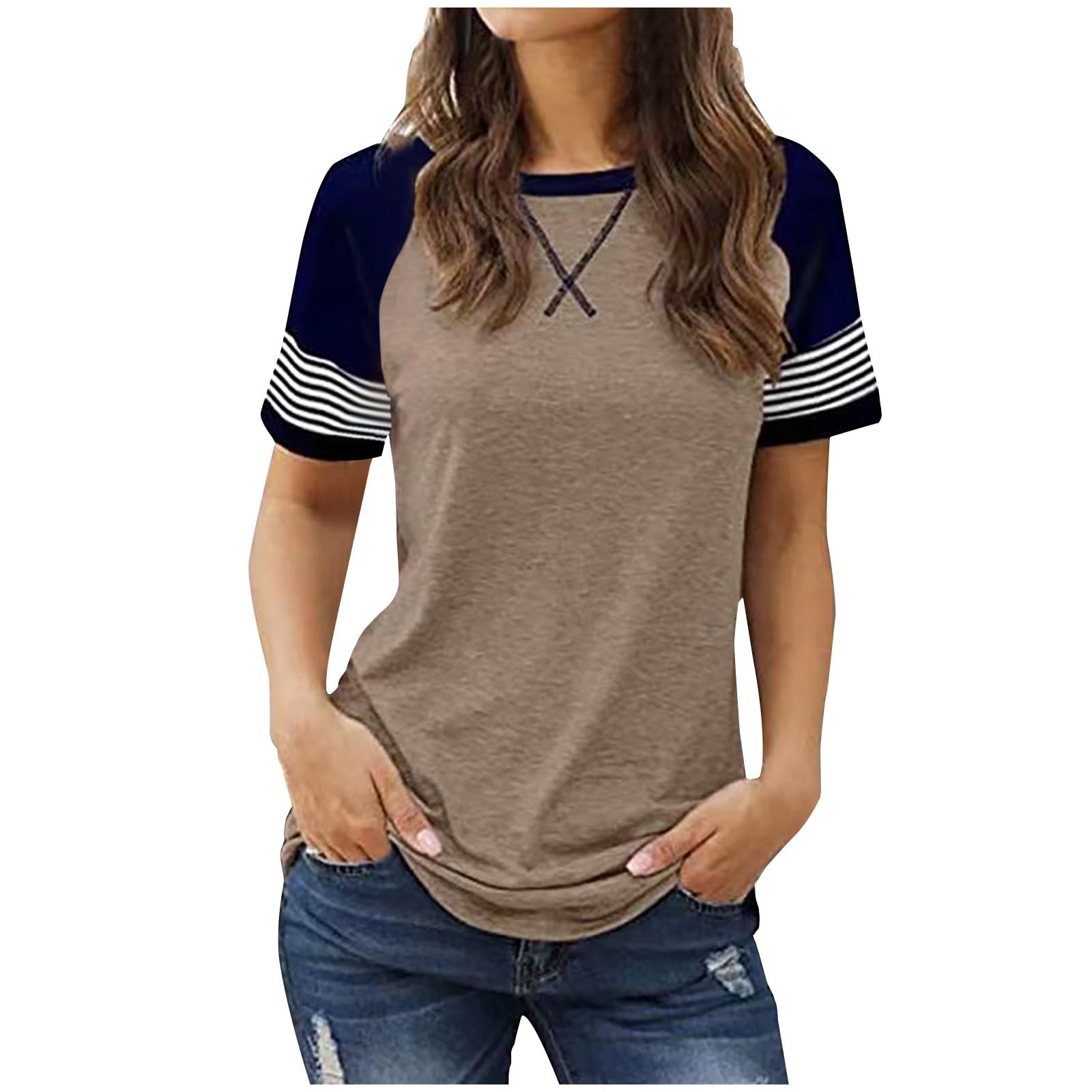 Womens Summer Tops Raglan Short Sleeve Striped T-Shirts Color Block Crewneck Workout Tee Tshirts Loose Fitting Tunics Small Coffee