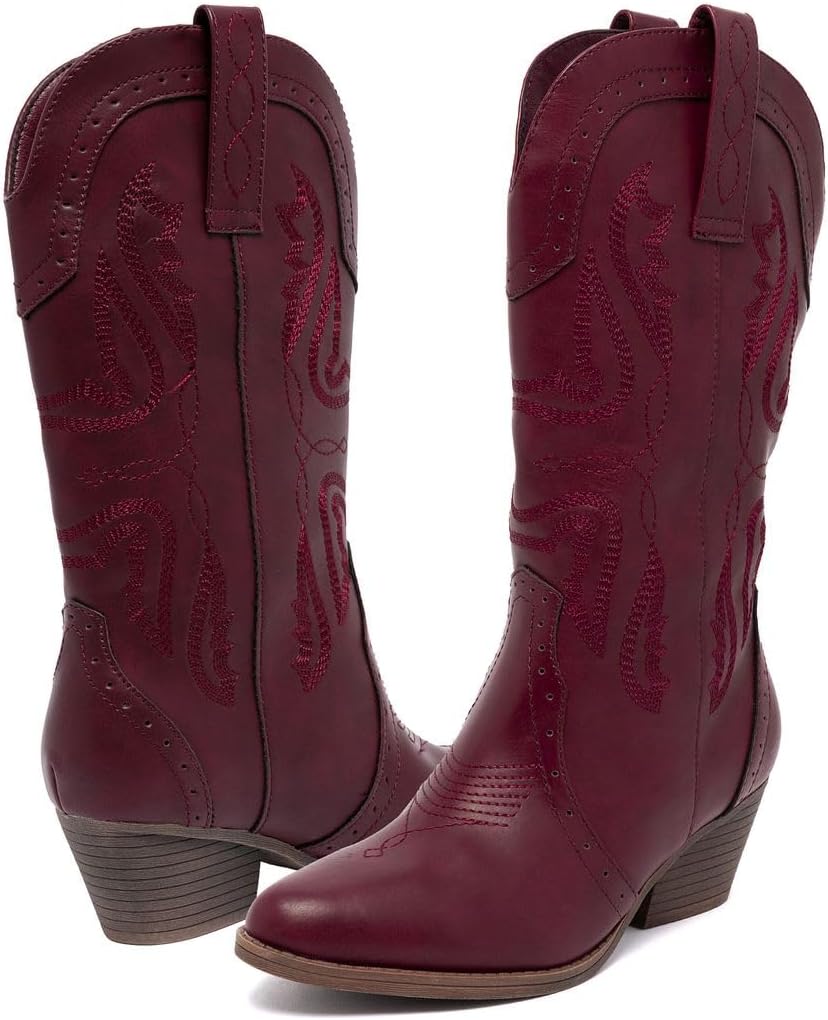 Sugar Women's Western Cowboy Boots – Mid-Calf Pointed Toe Booties with Stitch Detailing/Perforated Design – Pointed Toe, Block Heel, Pull-On Fit