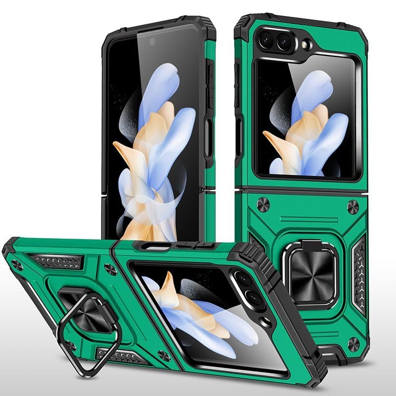 Coque Samsung Z Flip 7 vert foncé avec anneau magnétique et support rigide silicone