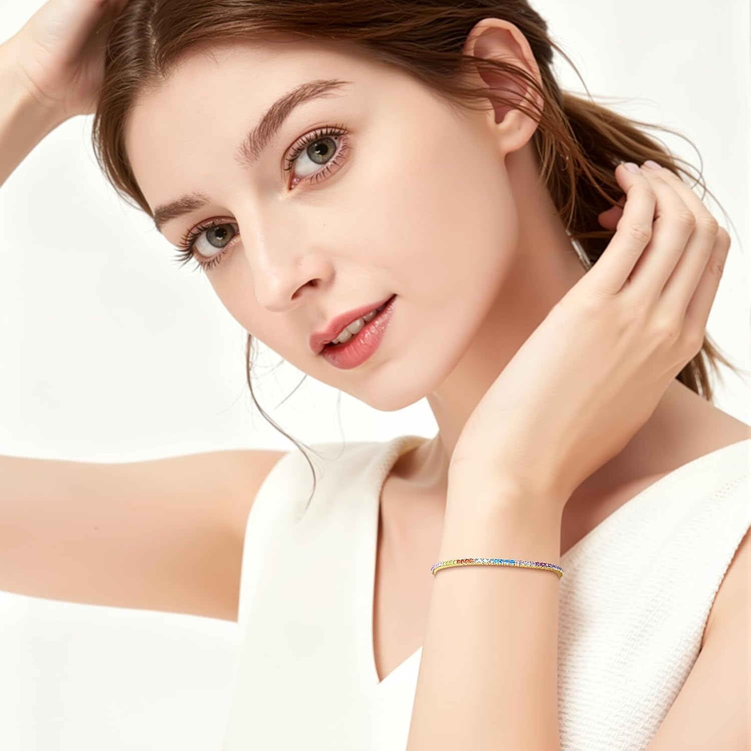 Gemsme 2.0MM Rainbow Tennis Bracelet for Women-18K White/Yellow Gold Plated Colorful Round Cubic Zirconia Bracelet for Jewelry Gifts - Image 3