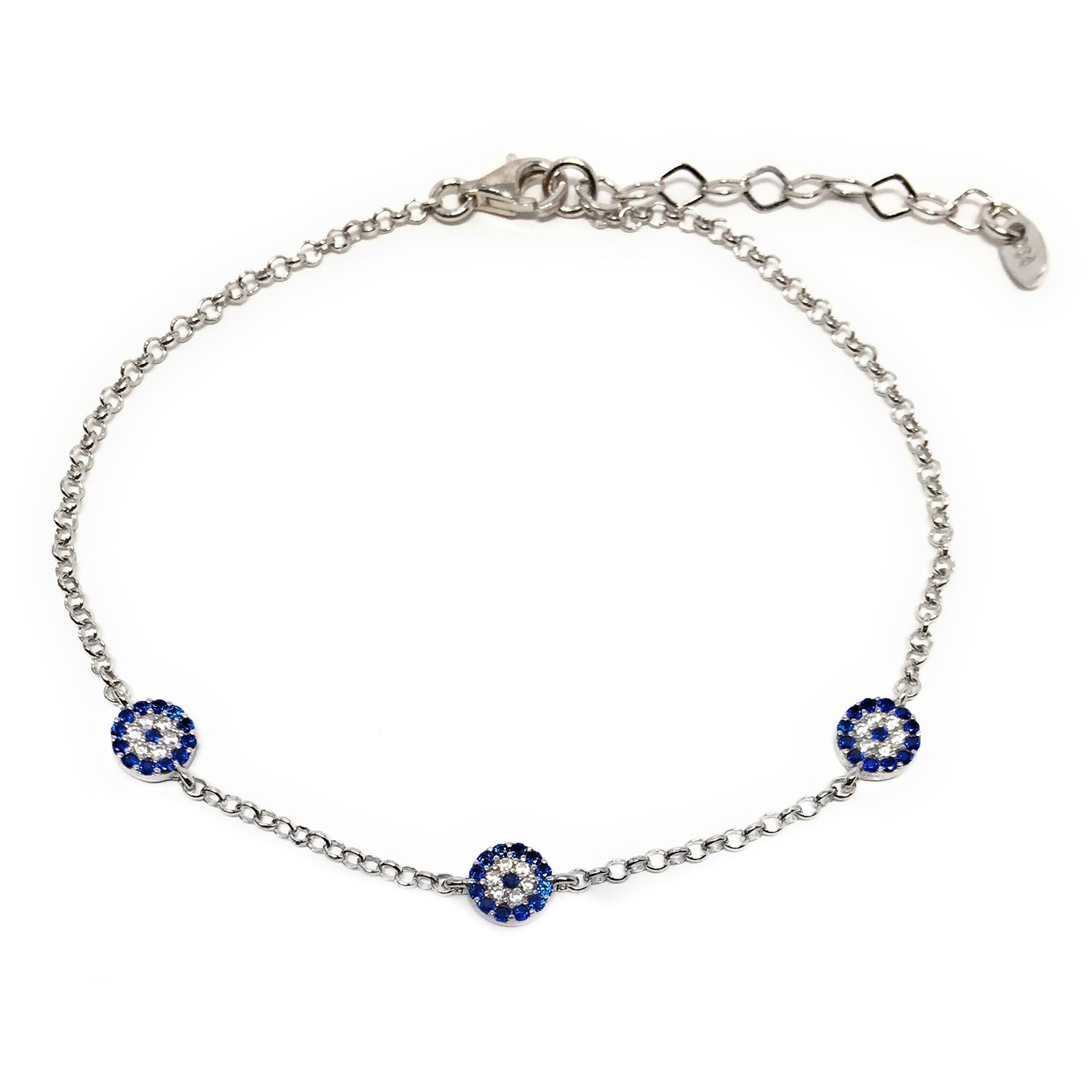 Martinuzzi Evil Eye Bracelet Sterling Silver Blue Evil Eye Bracelet with Cubic Zirconia Stones