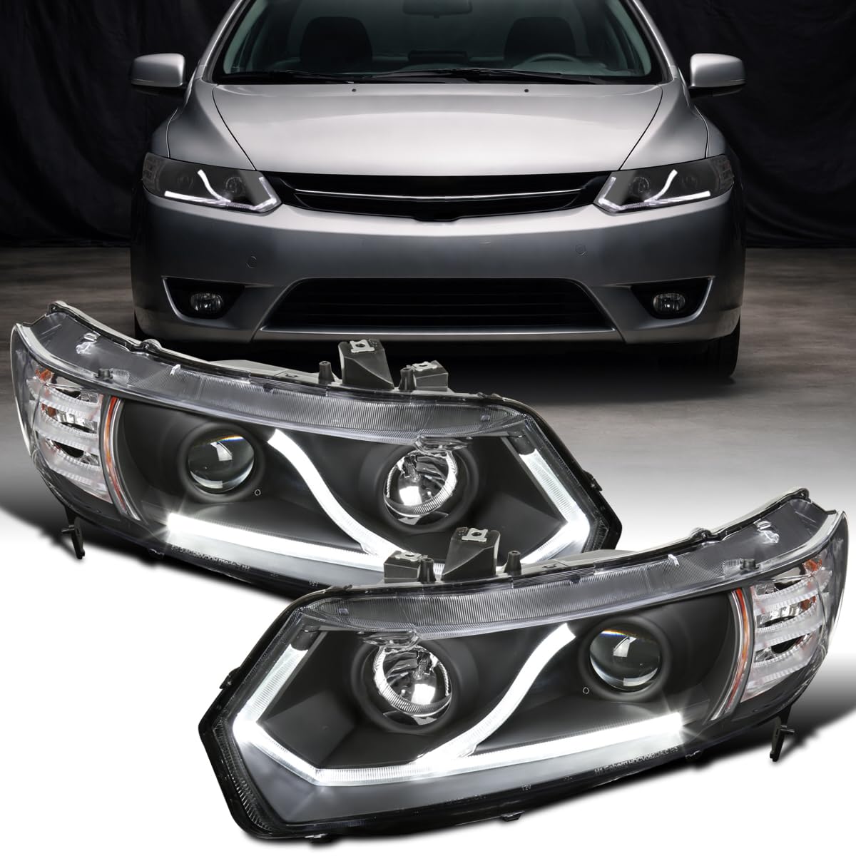 Ronnin - Fits 2006-2011 Honda Civic 2-Door Coupe LED Running Lights Projector Headlights Assembly Pair | Black