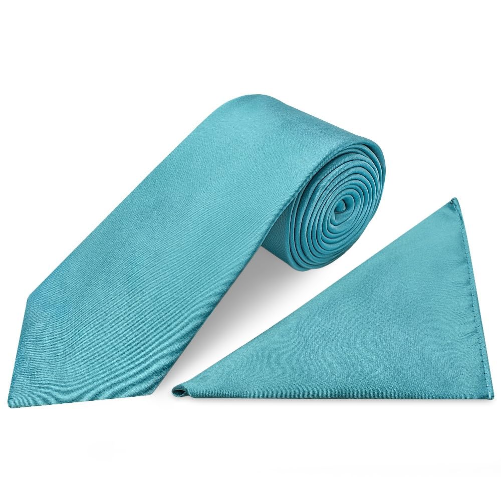 Ties R Us Men's Turquoise Plain Satin Classic Tie And Pocket Square Set