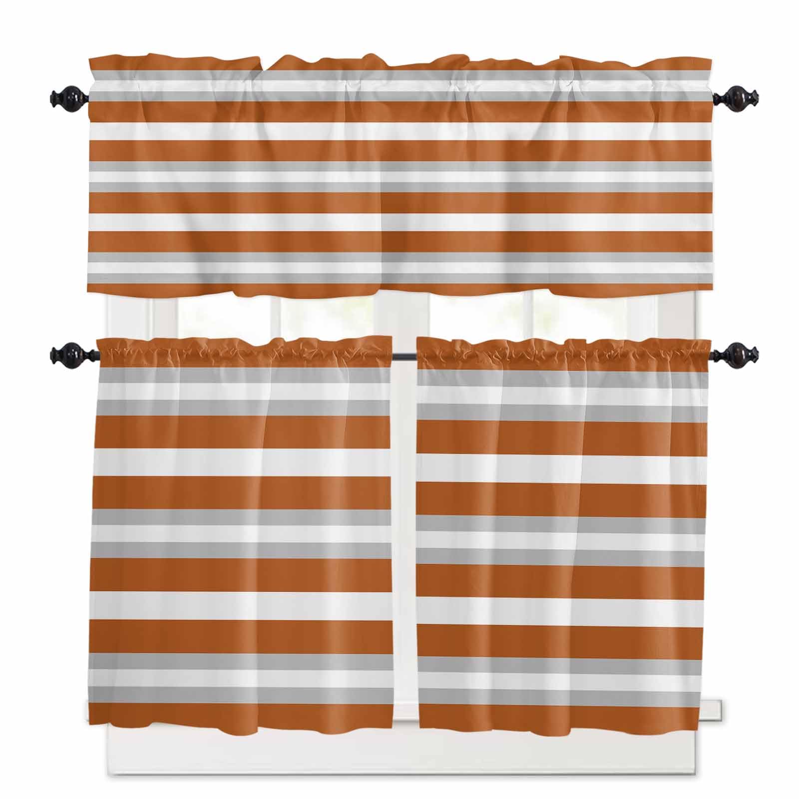 Burnt Orange Grey Stripe Kitchen Curtains 24 Inch Length,3 Piece Rod Pocket Small Half Tiers and Valance Set,Minimalist Farmhouse Striped Small Large Window Treatment Decor for Bedroom/Bathroom Sink