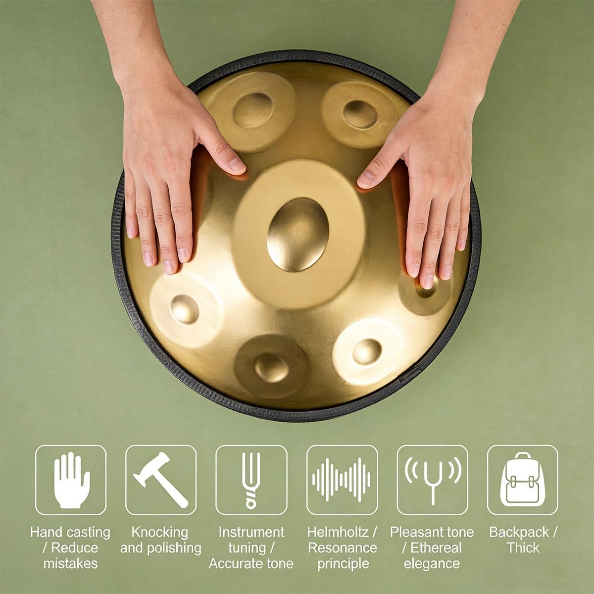 22 Inches (55 cm) Handpan Drum Instrument, 9/10/12 Notas 432/440 Hz Tambor Handpan en D Menor con Mazos para Terapia de Sonido, Yoga, Meditación Personal(Oro,432HZ/12Note)