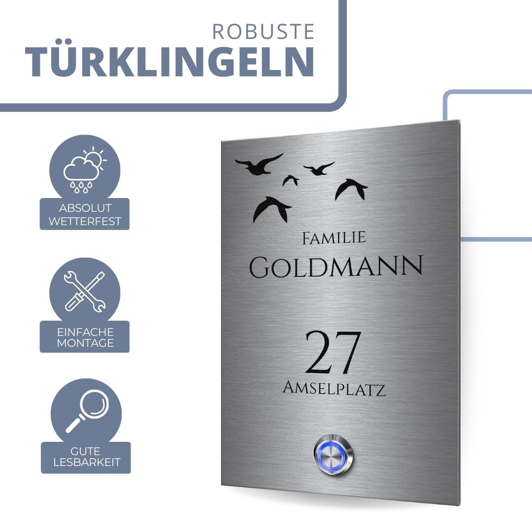 CHRISCK design - Edelstahl Türklingel mit Wunsch-Gravur, Led-Beleuchtung und Motiven - 12x18 cm | personalisierte Klingelplatte - Modell: Goldmann