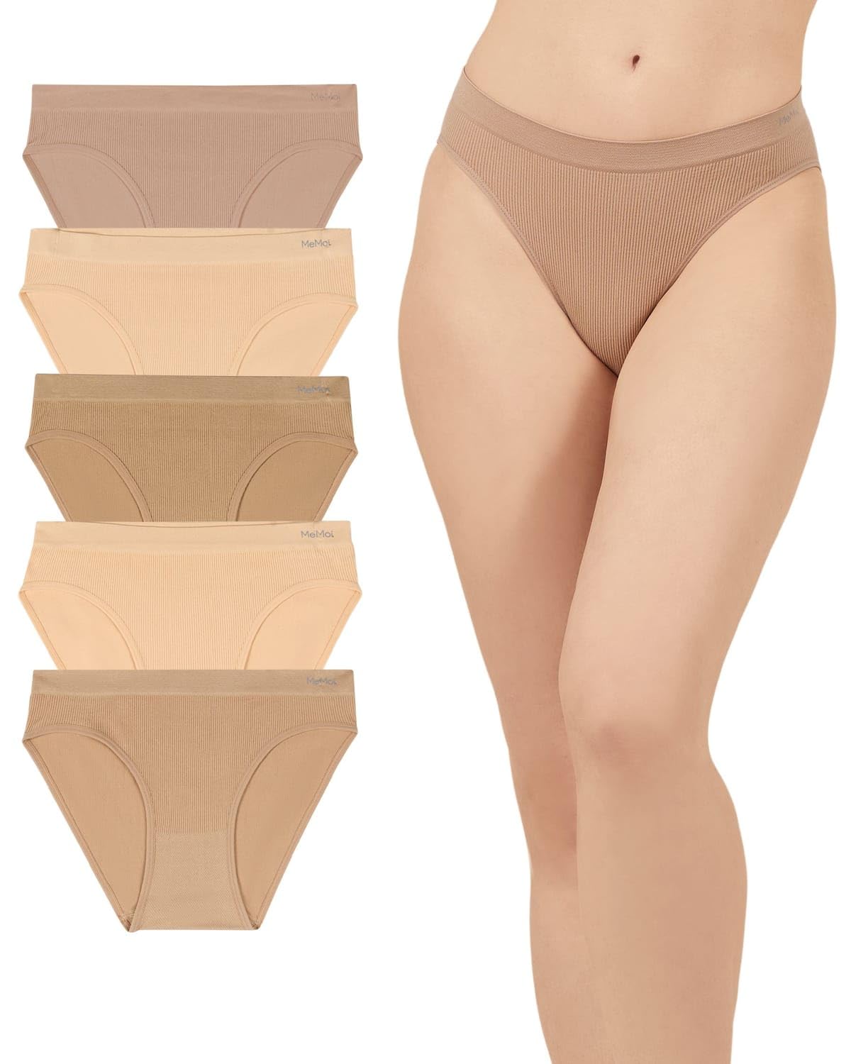MeMoi Women's Pin Rib Seamless Bikini Panties 5 Pack, No Show Underwear
