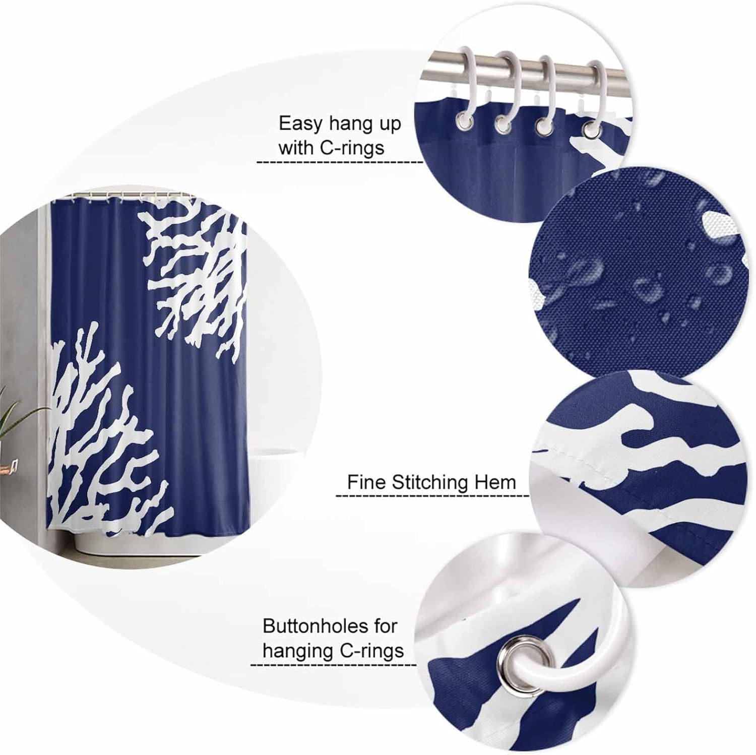 Navy Blue Coral Shower Curtain Set - Standard 72" x 72" Washable Bathtub Curtain with 12 Hooks, Coastal Summer Beach Nautical Seaside Waterproof Fabric Stall Shower Curtains for Bathroom Décor