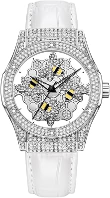 Gosasa Womens Honeycomb Bee Dial Quartz Watch with Rotating Skeleton Center, Cubic Zirconia Pave, Mineral Glass, 30M Water Resistant, Genuine Leather Strap, 1.65" Case, Transparent Caseback