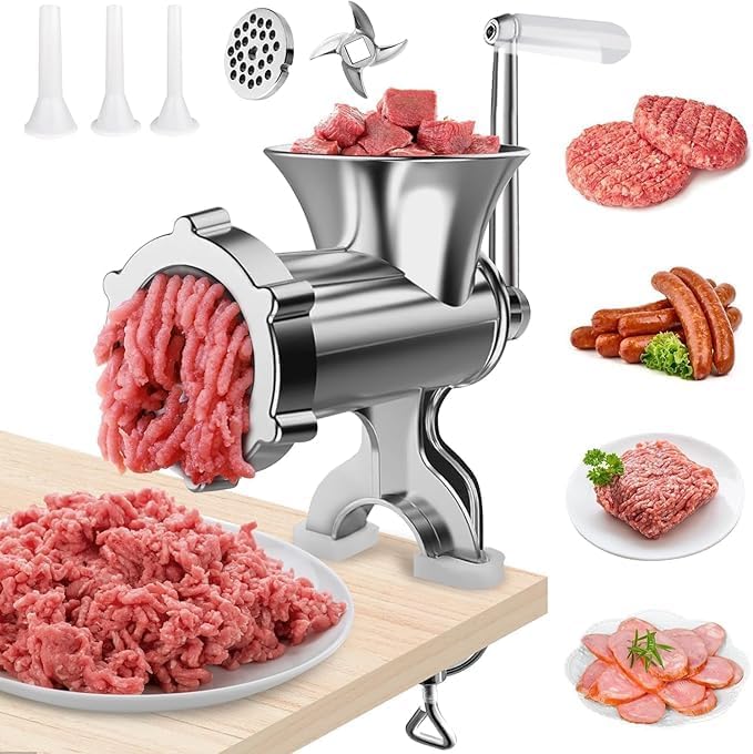 Manual Meat Grinder with Sausage Stuffer, Stainless Steel Table Clamp Mincer with 3 Stuffing Tubes