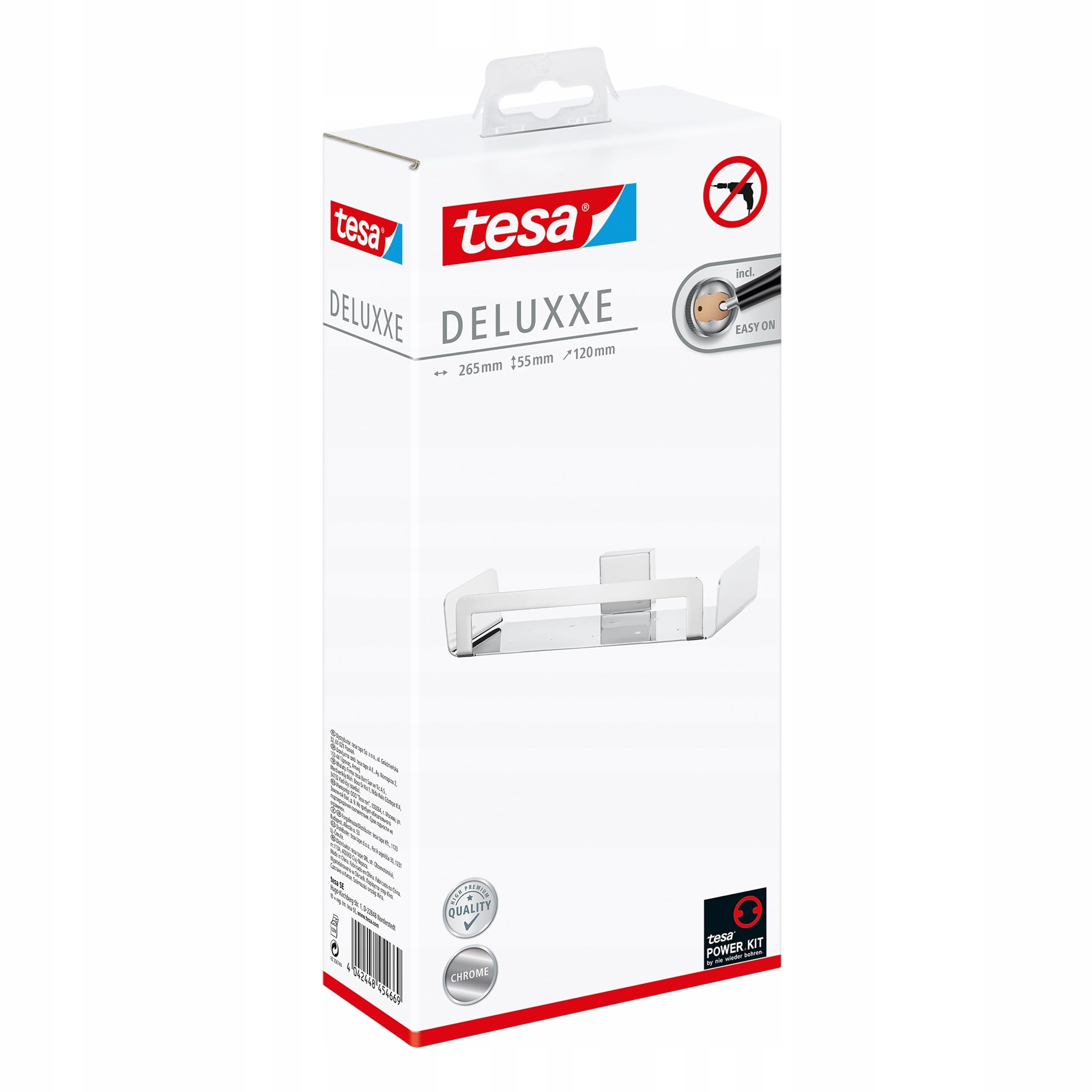 tesa DELUXXE Duschablage, verchromt - Duschkorb zur Wandbefestigung ohne Bohren, inkl. Klebelösung - 265mm x 55mm x 120mm
