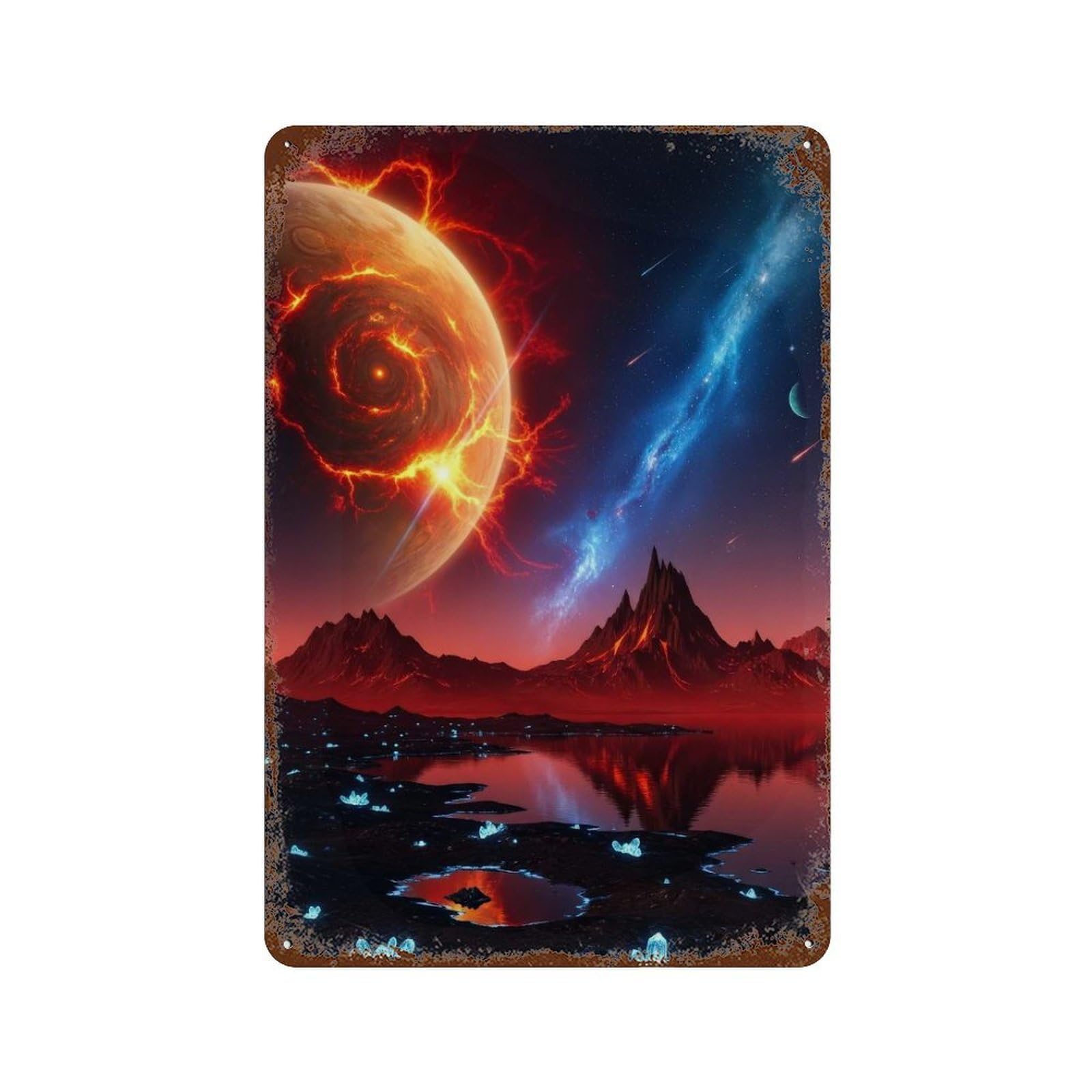 Fiery Planet Landscape with Nebula Retro Metal Sign 11.8"x7.9", Old School Wall Decor for Garage, Bar And Workshop Decor