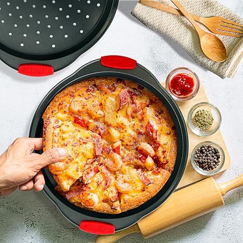 NutriChef 2-Pc. Non Stick Pizza Tray - with Silicone Handle, Round Steel Non-Stick Pan with Perforated Holes, Dishwasher Safe, Pizza Tray with Silicone and Oversized Handle, PFOA, PFOS, PTFE Free - Image 6