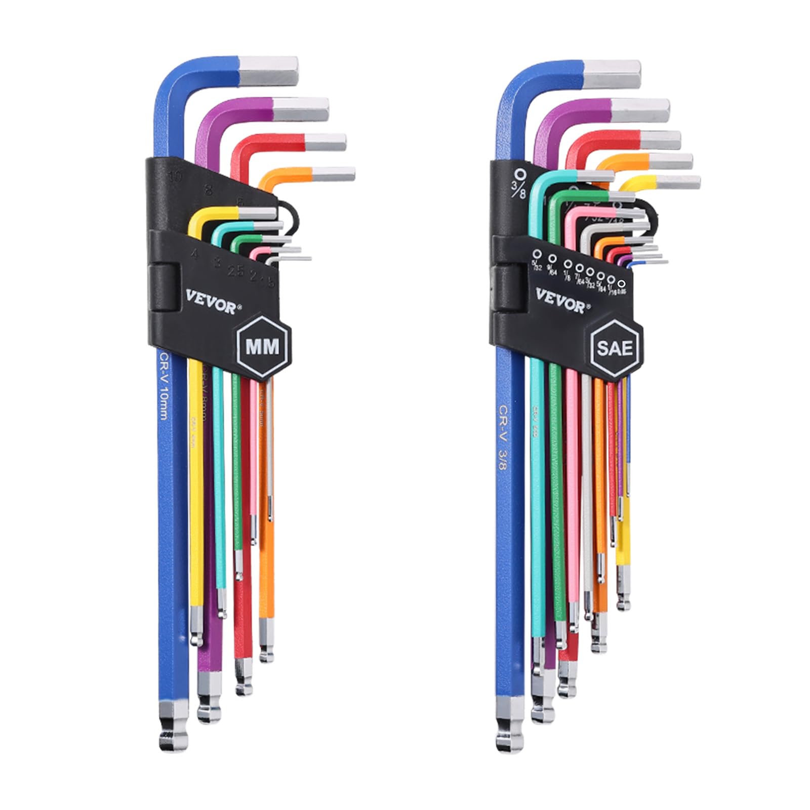 VEVOR Sechskantschlüssel-Set, 22-teilig, SAE (0,050-3/8 Zoll) und metrisch (1,5–10 mm), Farbcodierungs-Inbusschlüssel-Sets mit Kugelende, langer Arm L-förmiger Sechskantschlüssel für Fahrrad,