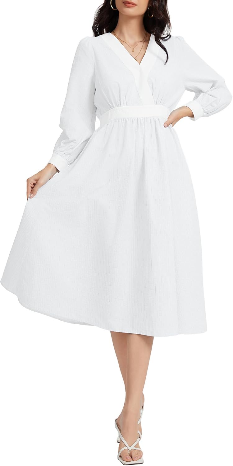 LUXEBOLD Women's Long Sleeve V Neck Maxi Dress Striped Casual Flowy A-line Mid Dress Elastic Waist Long Dresses with Pockets