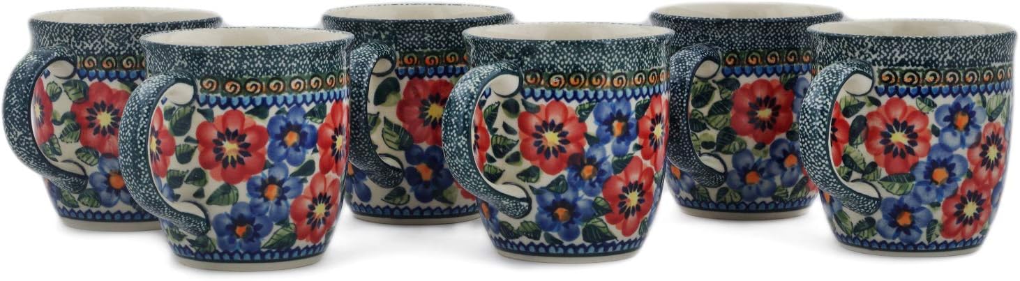 Polmedia Polish Pottery Set of Six 12oz Mugs 12 oz UNIKAT - Blue And Red Poppies Pattern Handmade in Boleslawiec Poland + Certificate of Authenticity