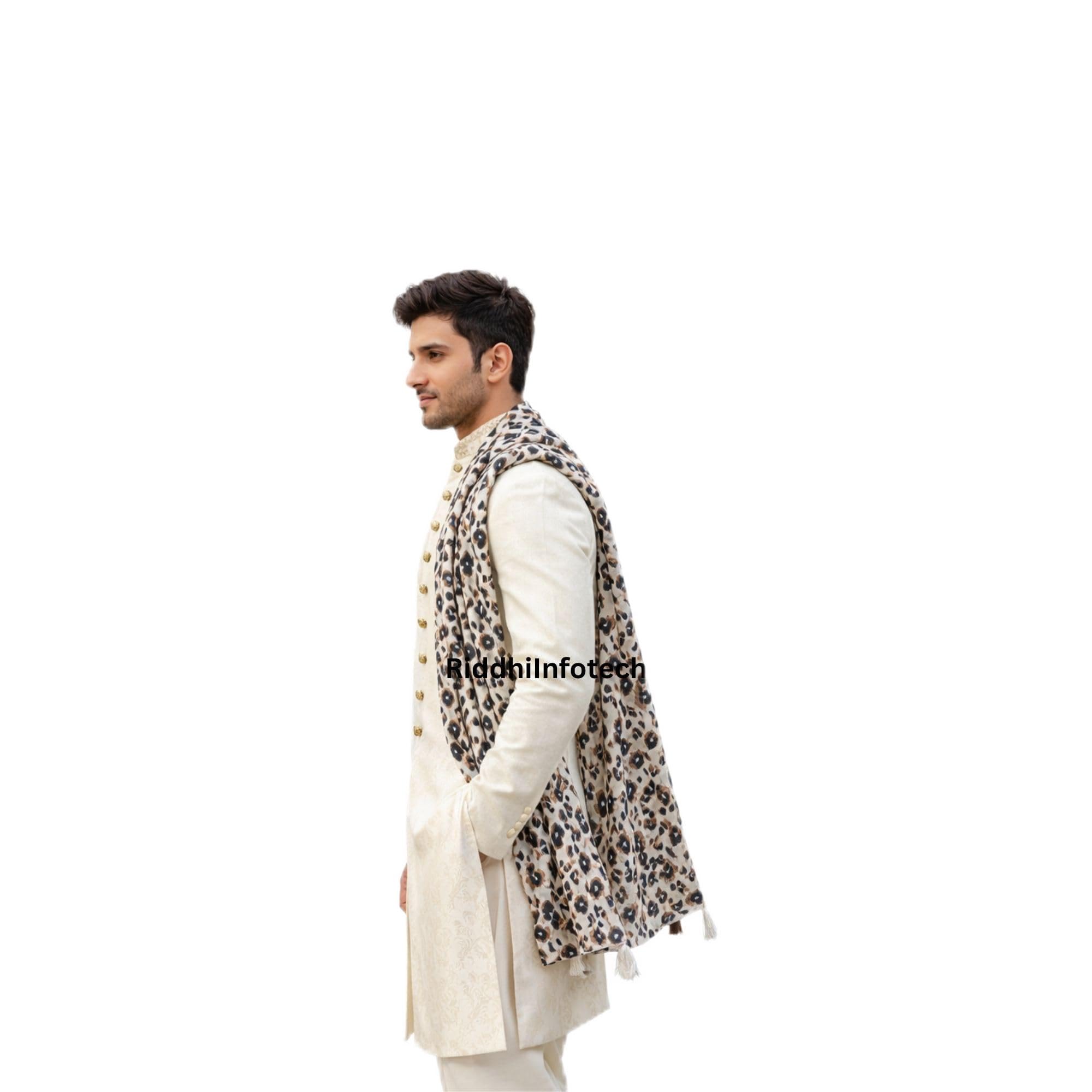 RiddhiInfotech Beige Leopard Print Men’s Ethnic Dupatta | Lightweight Animal Print Stole for Kurta Pajama | 1 Pc-image-45