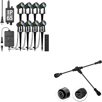 SUNTHIN RGBW Color Changing Spot Uplights 8 Pack with 9.8 FT Extension Cord with 3 Core 3 pin for RGBW Outdoor Landscape Spotlights