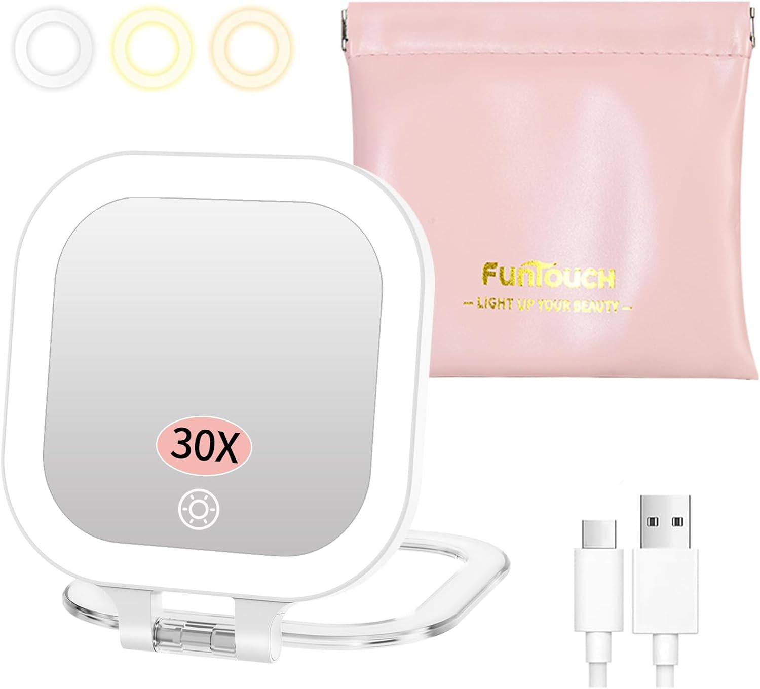 FUNTOUCH Rechargeable Travel Makeup Mirror, 30X/1X Rechargeable Double Sides Magnifying Mirror with 3 Light Settings & Adjustable Brightness,Compact Mirror with PU Bag Valentine's Day Gift, White