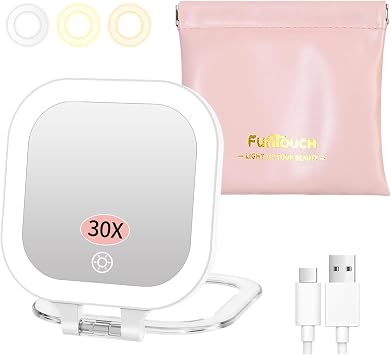 FUNTOUCH Rechargeable Travel Makeup Mirror, 30X/1X Rechargeable Double Sides Magnifying Mirror with 3 Light Settings & Adjust