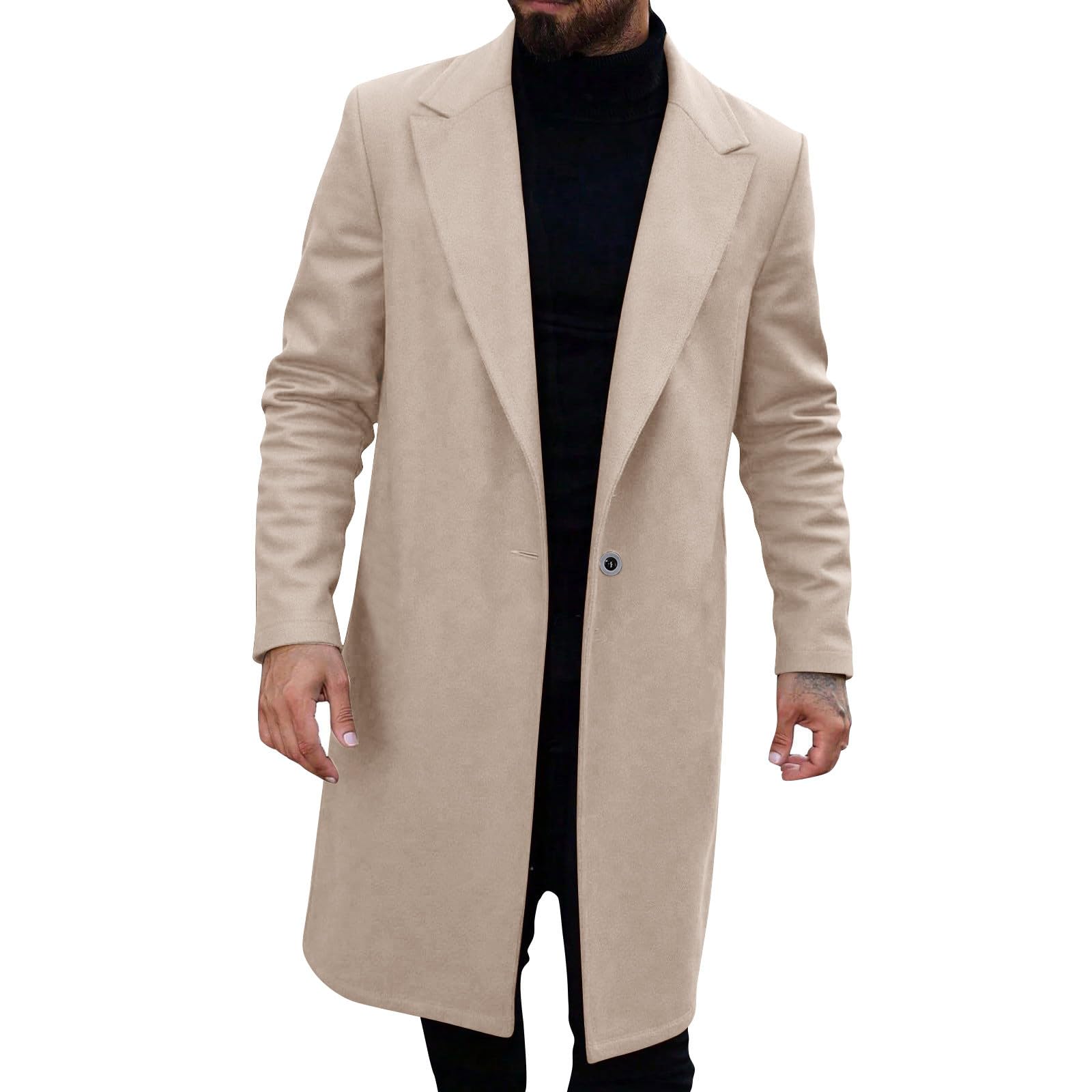 Dyhxuan Men's Beige Wool Coat Long Knee-Length Winter Coat Notch Collar Trench Coat Single Breasted Coat Slim Fit Coat With Pocket, Xl