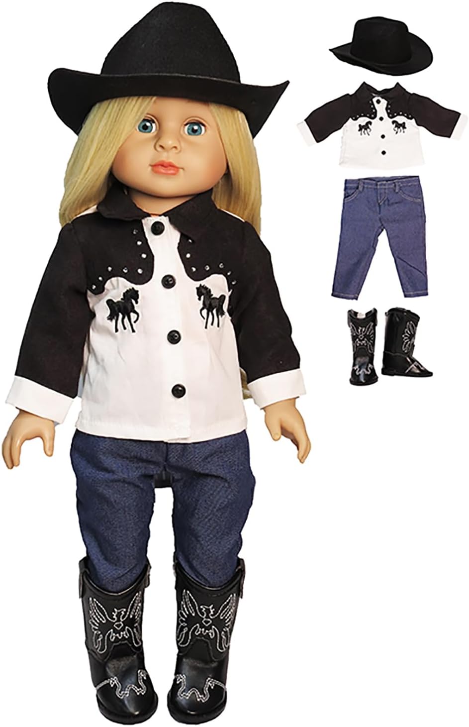 American Fashion World Western Cowboy/Cowgirl Outfit for 18 Inch Dolls – Shirt, Jeans, Black Cowboy Hat & Boots