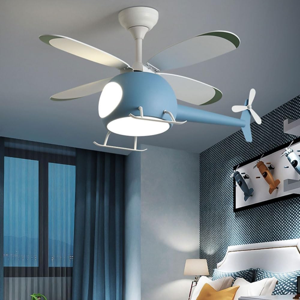 Ceiling Fan With Lights 42 Inch Children's Bedroom Helicopter Ceiling Fan With Lights Remote Control 6-Speeds Timing Lighting Ceiling Fans Low Profile 4 Blades Ceiling Fans Lights Kits For Kids Patio