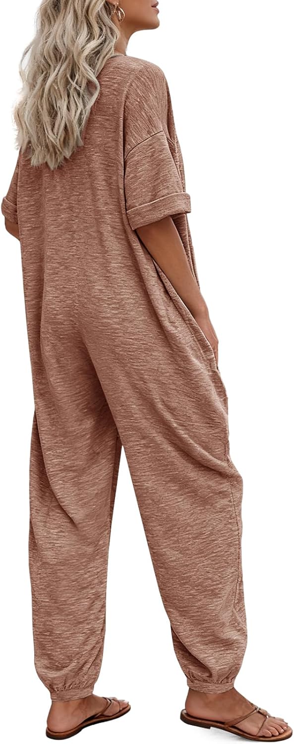 Nirovien Womens Short Sleeve Jumpsuits Casual V Neck Long Rompers Beam Foot Baggy Jumpers Summer Outfits - Image 2