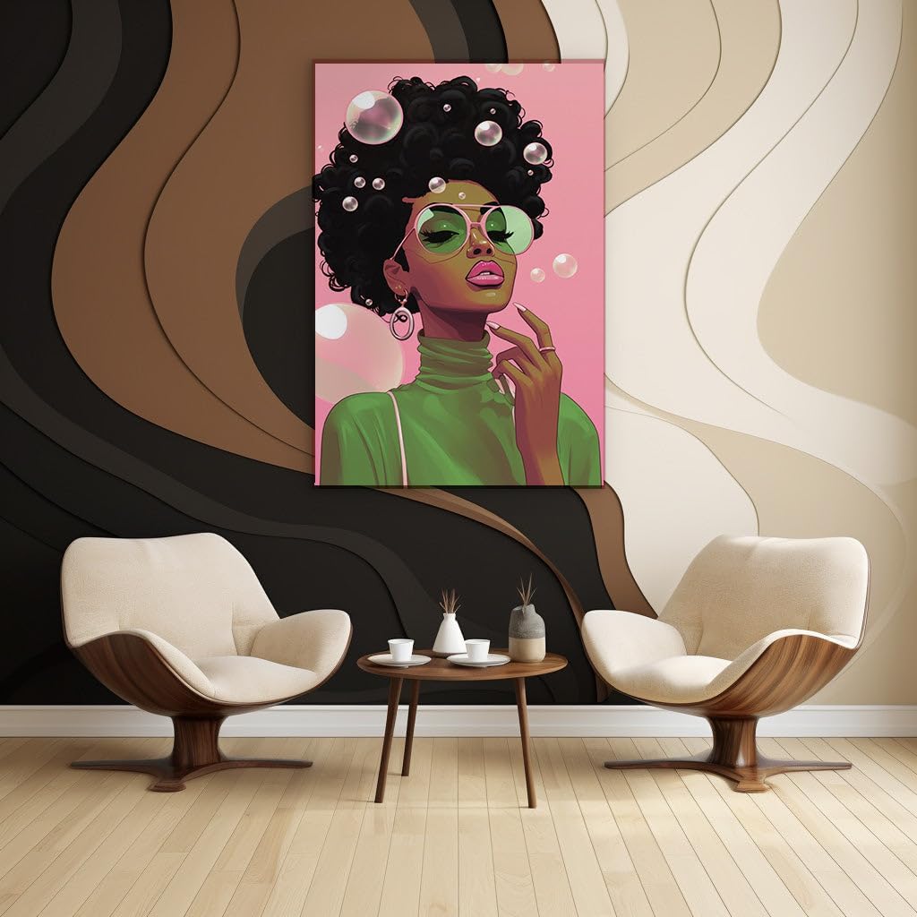 Canvas for Living room. Bubbling Over with Style: A Vivid Portrait of a Woman in Green, 27 x 18 inch Canvas Wall Art - Contemporary Masterpieces - Modern Home Decor