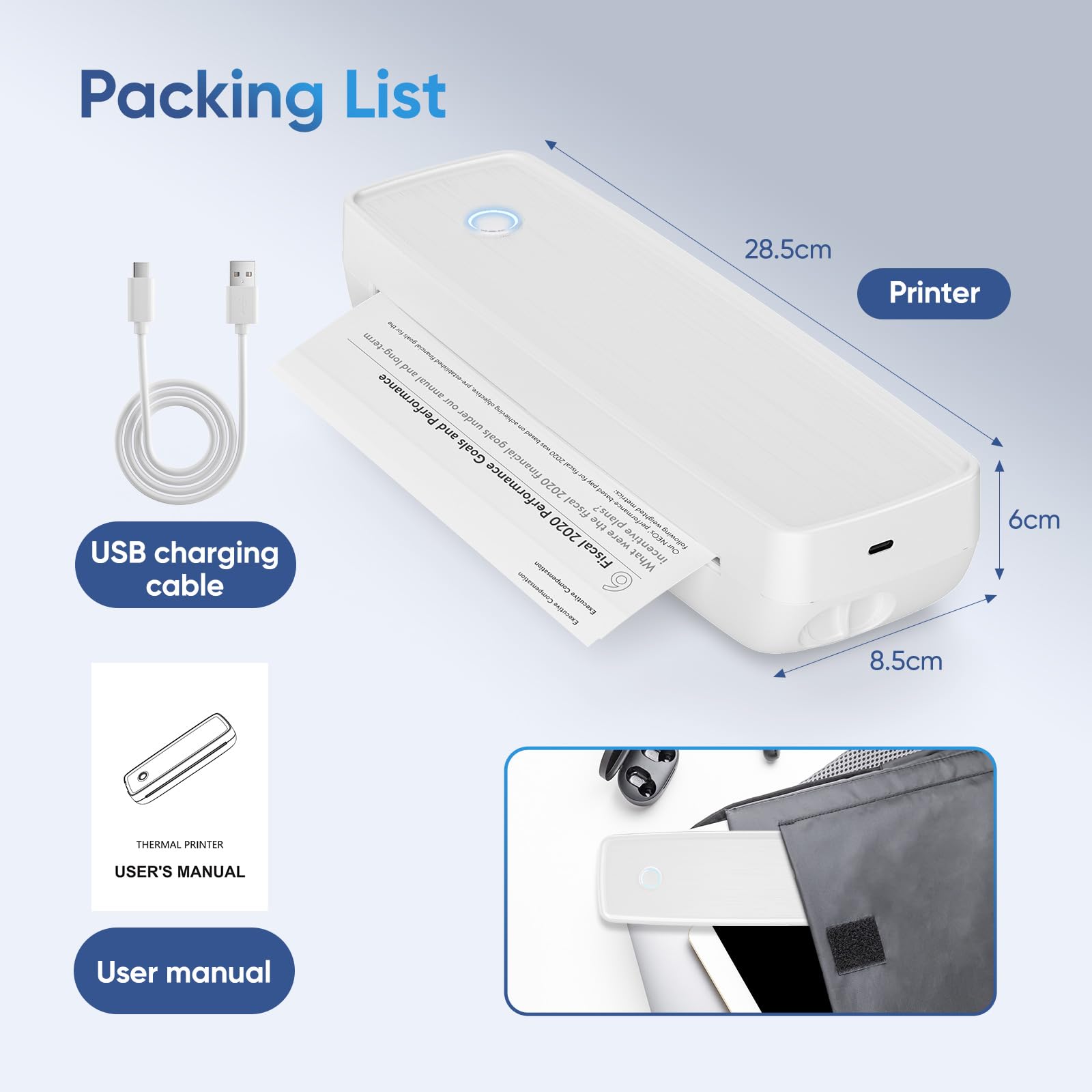 Imprimante Thermique sans Encre A4 Portable sans Bluetooth pour Voyage Maison Compatible Android iOS Blanc