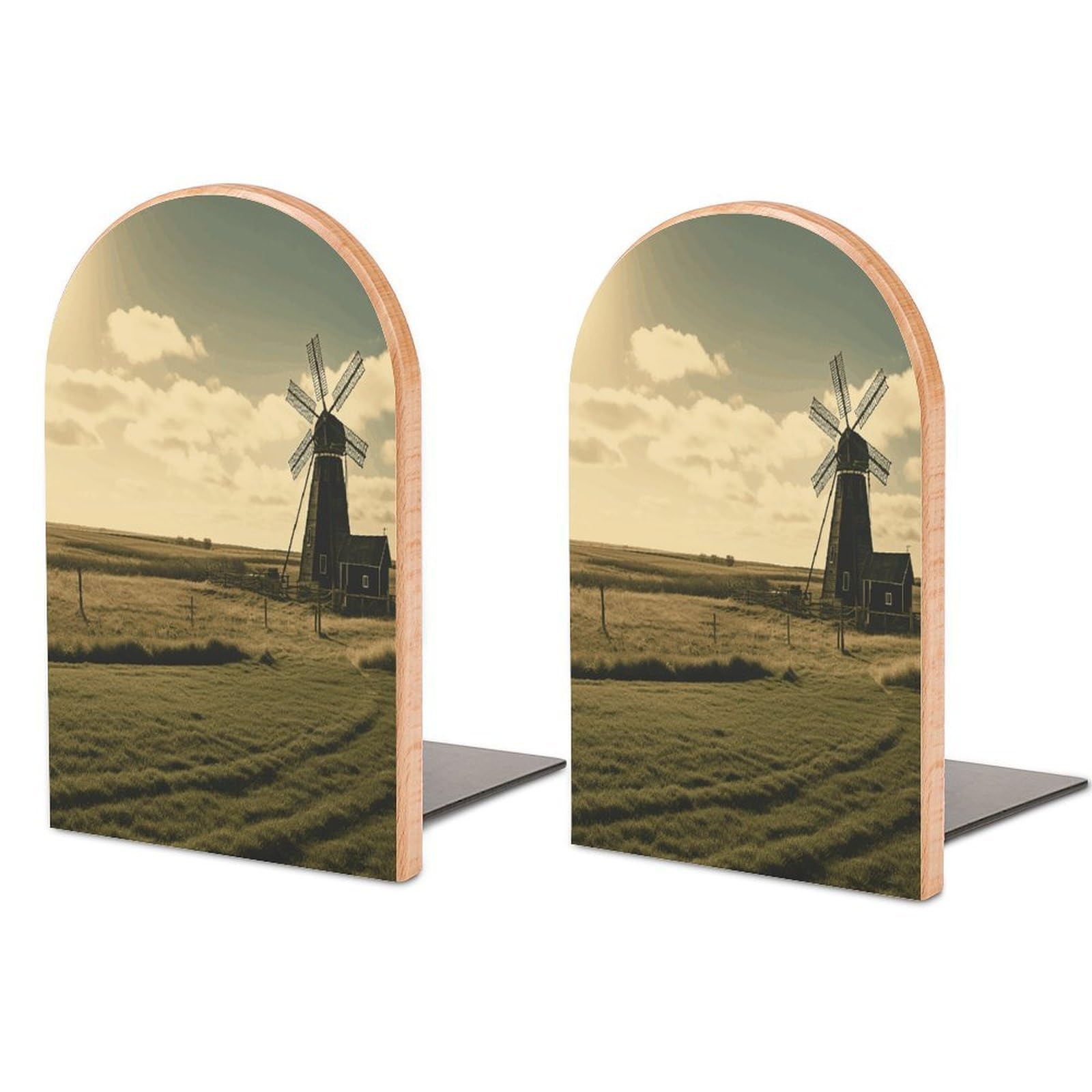 Vintage Black Windmill on The Prairie Bookend Non-Skid Wooden Bookends for Shelves Heavy Duty Wood Book Ends Decorative Book Stopper Book Stand Non-Slip Book Organizer for Home Office Library