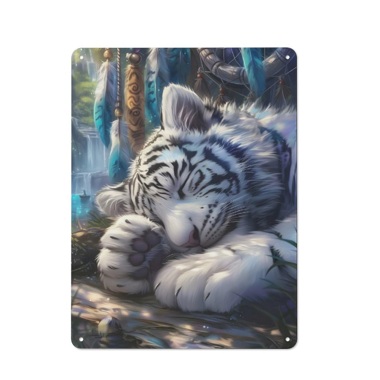 Junmoney Sleeping White Tiger Tin Wall Plaque 40X30cm With For Hobby Room Or Studio, For Metal Sign Collectors, For Kitchen And Home Bar Decor