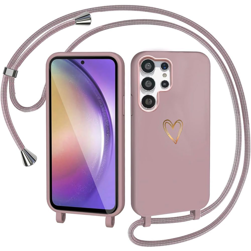 CaseLover Mobile Phone Lanyard for Samsung Galaxy S25 Ultra 5G, Case with Strap, Heart Pattern Silicone Necklace Mobile Phone Case with Removable Cord for Hanging, Shockproof Bumper Protective Case