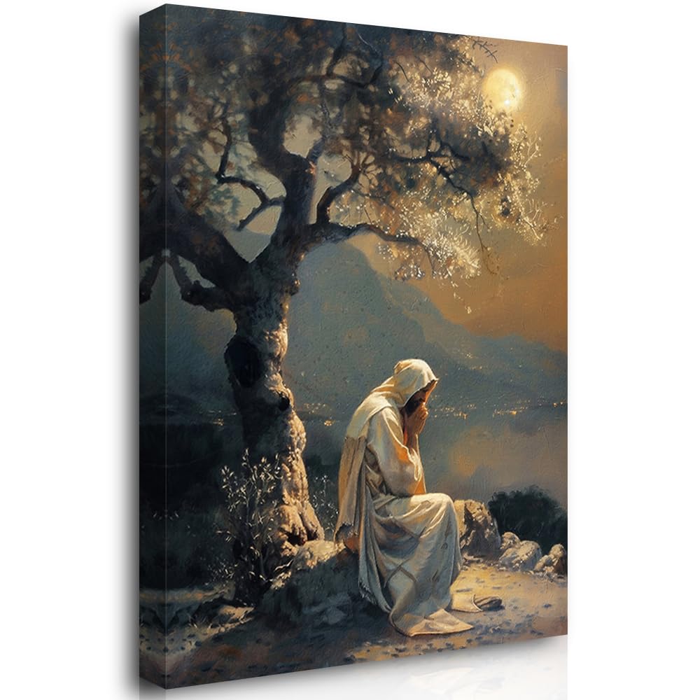 Reateforin Jesus Prayed in the Garden of Gethsemane Artwork Pictures Christian Wall Decor Jesus Wall Art Framed Canvas Seeking the Father's Spiritual Wall Art for Church Prayer Room Decoration 16"x24"