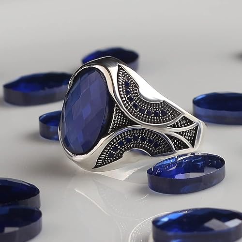 Miniatura 6 de 925 Sterling Silver Men Silver Ring with Sapphire GemStone, Handmade Engraved Silver Ring, Gift for him, Minimalist Silver Ring (10)