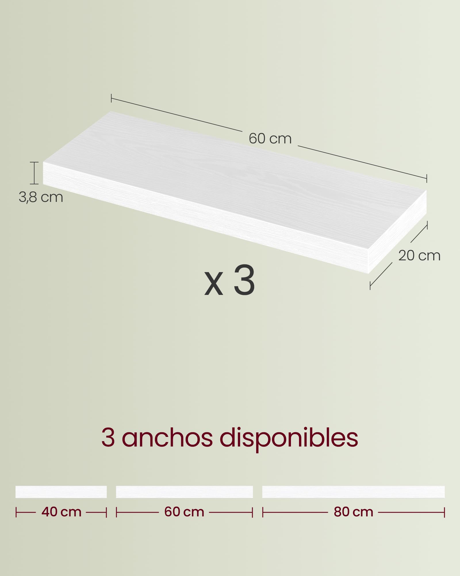 VASAGLE Estante de Pared, Juego de 3, Estante Flotante, 20 x 60 x 3,8 cm, Balda de Pared para Marcos de Fotos, Decoración, para Salón, Estudio, Cocina, Blanco Niebe LWS026WE01-3J