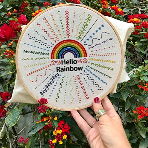 Image of INFUNLY 4 Set Rainbow Stitches Embroidery Kit for Adults Umbrella Heart Cross Stitch Kits for Beginners Stamped Embroidery Kit with Instructions, 2 Embroidery Hoops, Needles, Threads for DIY Craft