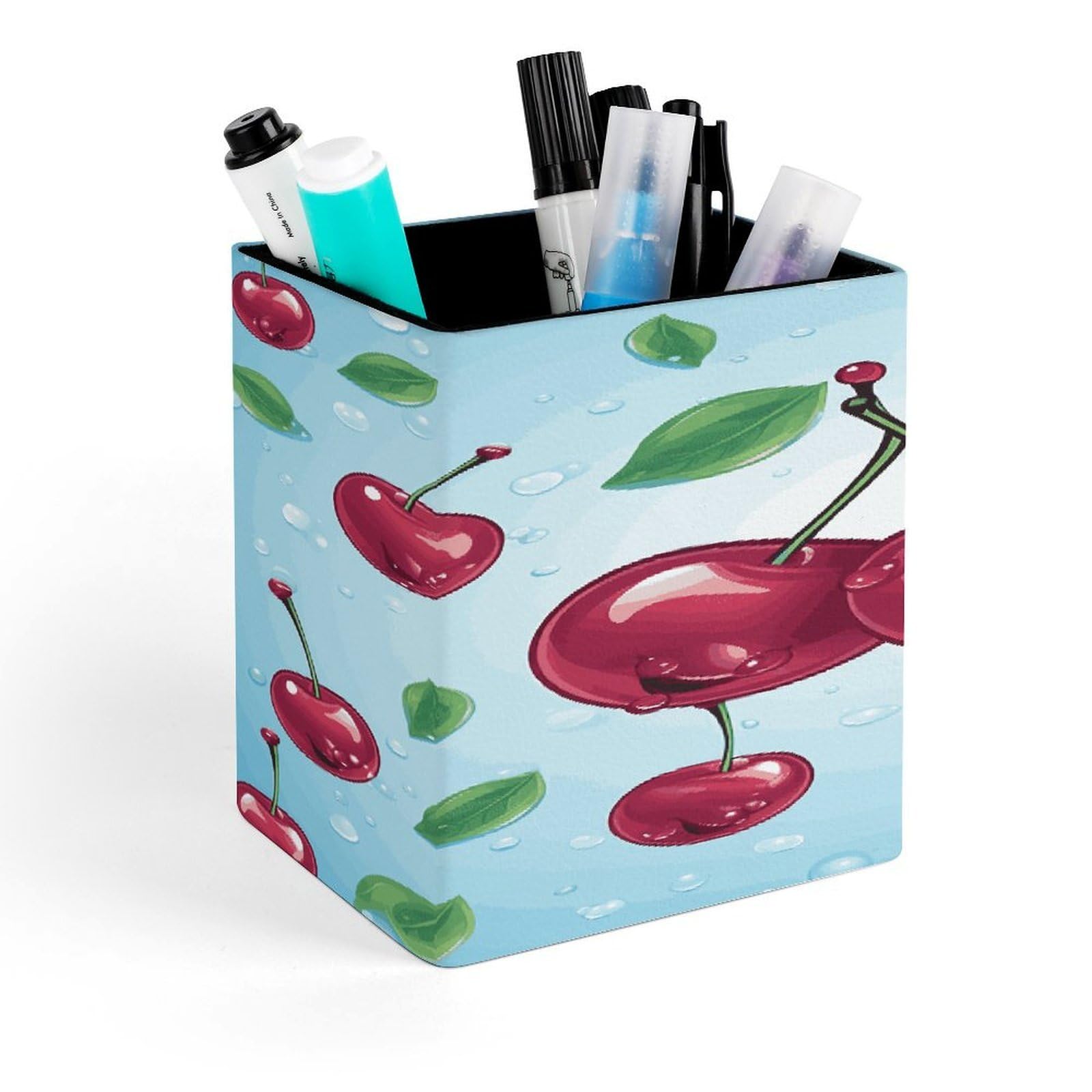 MUSM Cherry Pen Holder Square PU Leather Desktop Organizer And Makeup Brush Holder Storage Box Modern Design Stationery Organizer for Office Desk Accessory