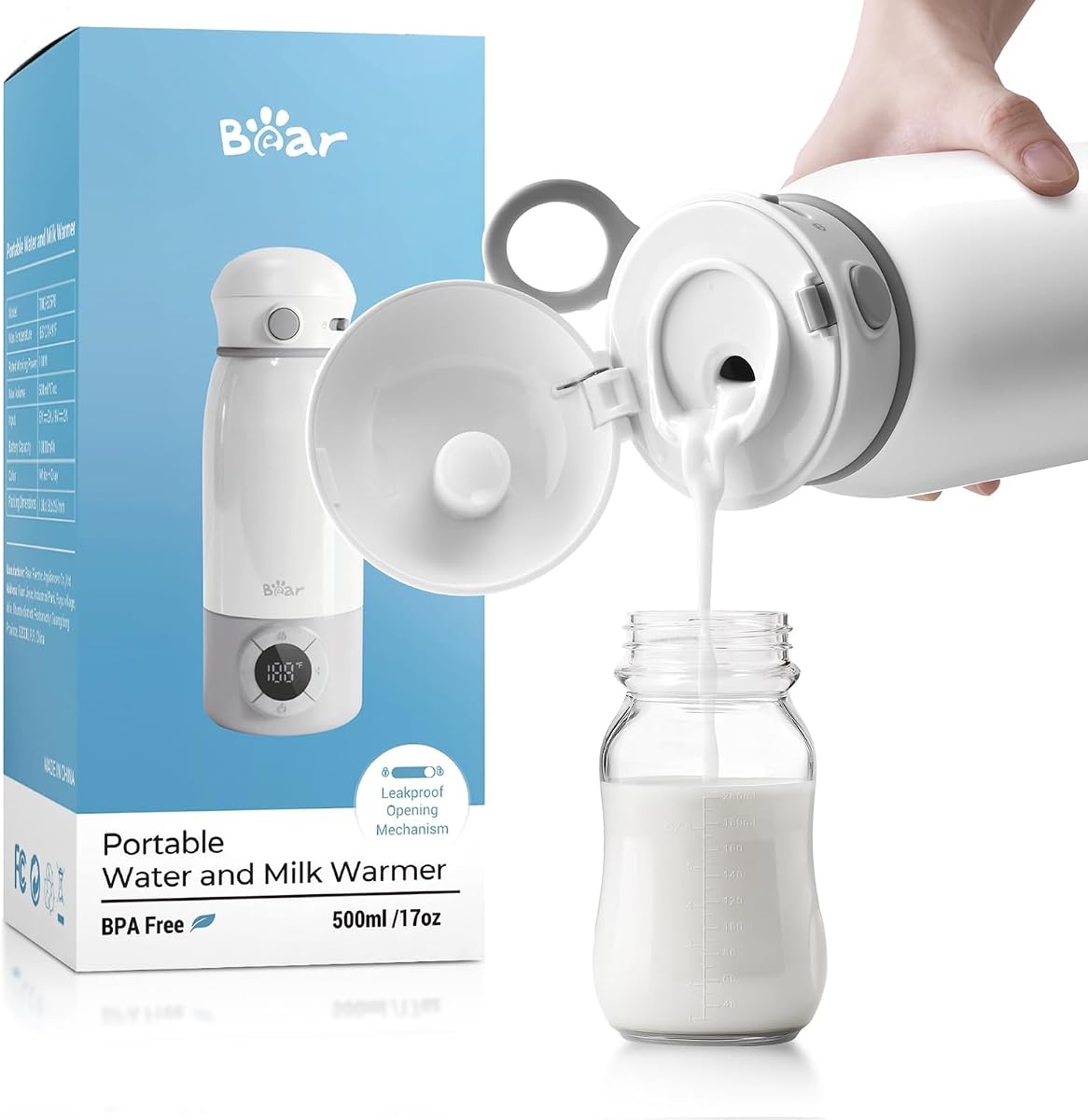 Bear Portable Bottle Warmer for Travel, Milk Warmer for Breastmilk Formula | 17oz Large Capacity Water Warmer with Precise Temp Control, Fast Heating&Long Battery for Travel Car Airplane