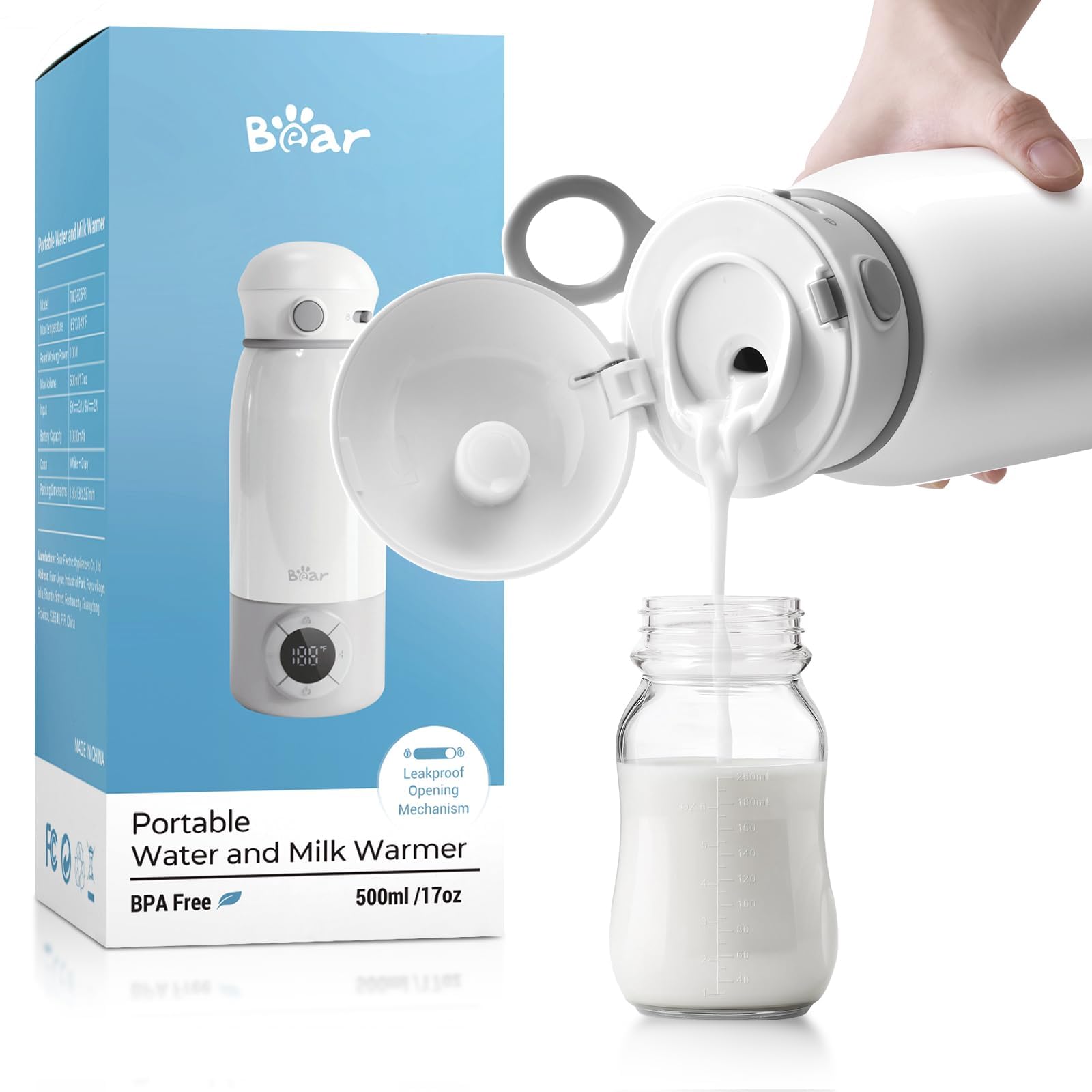 Bear Portable Bottle Warmer for Travel, Milk Warmer for Breastmilk Formula, 17oz Large Capacity Water Warmer with Precise Temp Control, Fast Heating&