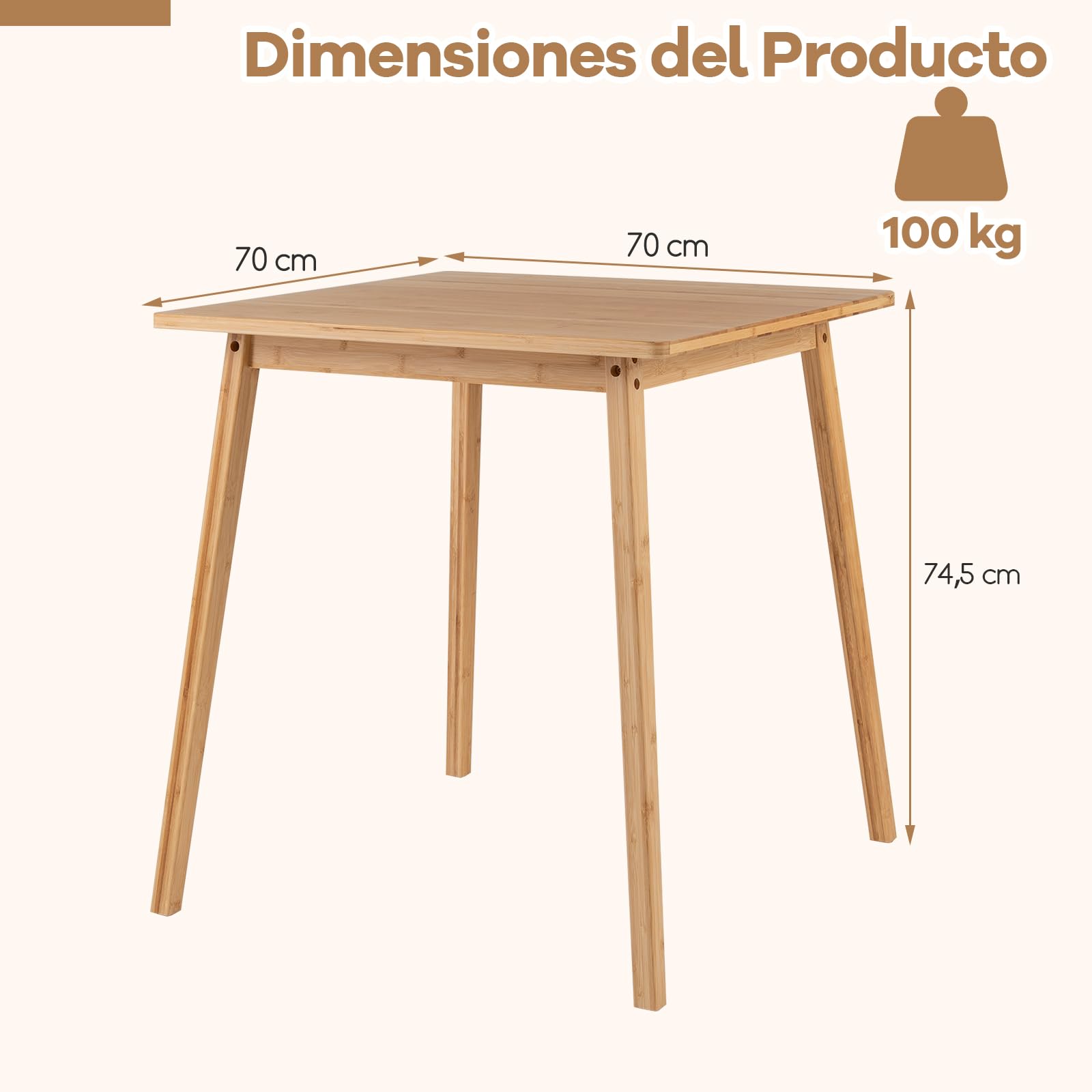COSTWAY Mesa de Comedor Cuadrada de Bambú, Mesa de Cocina de Madera Maciza de 70 cm, Escritorio Moderno para Espacios Pequeños, Comedor, Sala de Estar y Estudio, para 2-4 Personas, Carga hasta 100 kg