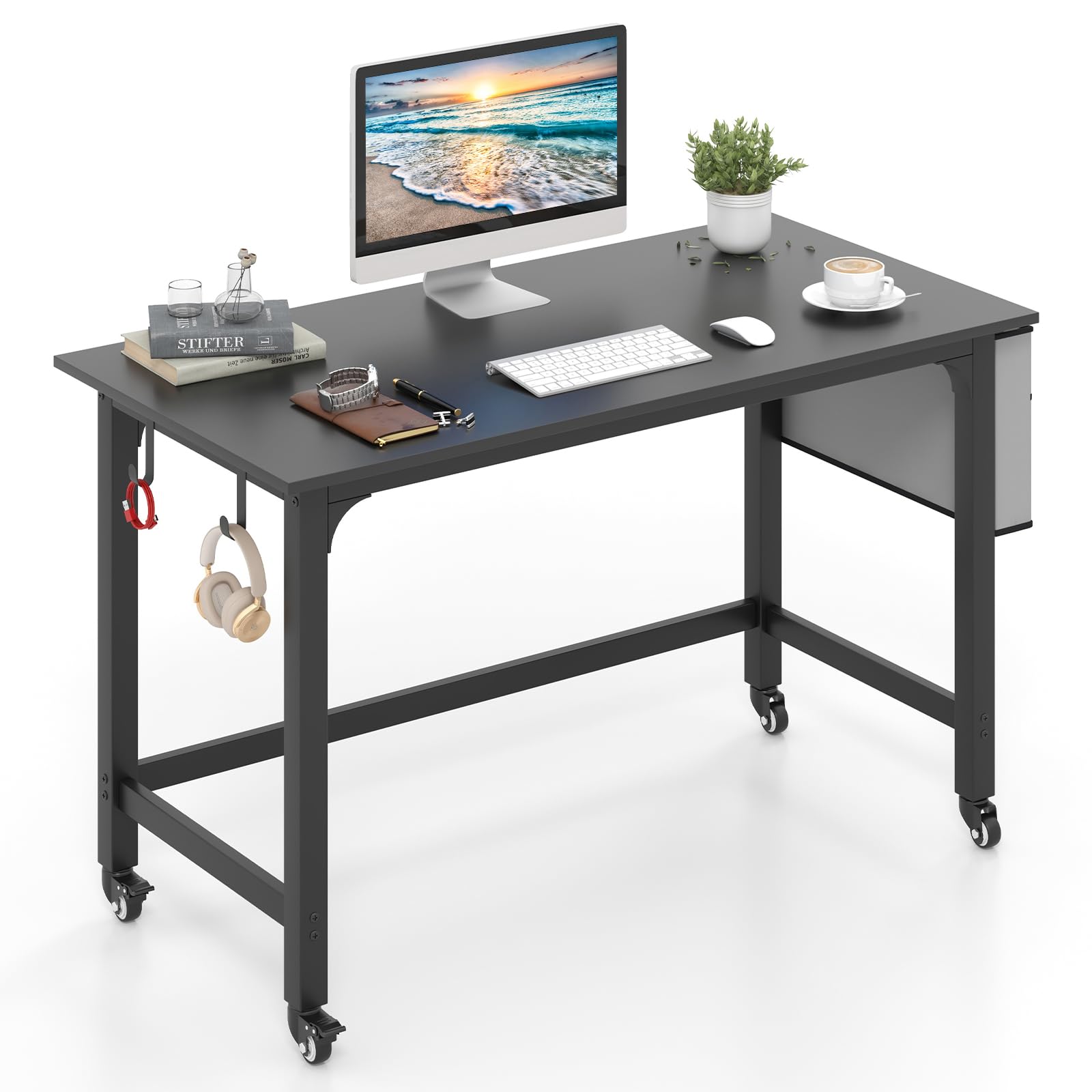GIANTEX Scrivania per computer con 4 ruote universali, tasca laterale e 2 ganci, 120 x 60 x 75 cm, tavolo PC per casa e ufficio, carico massimo: 100 kg (nero)